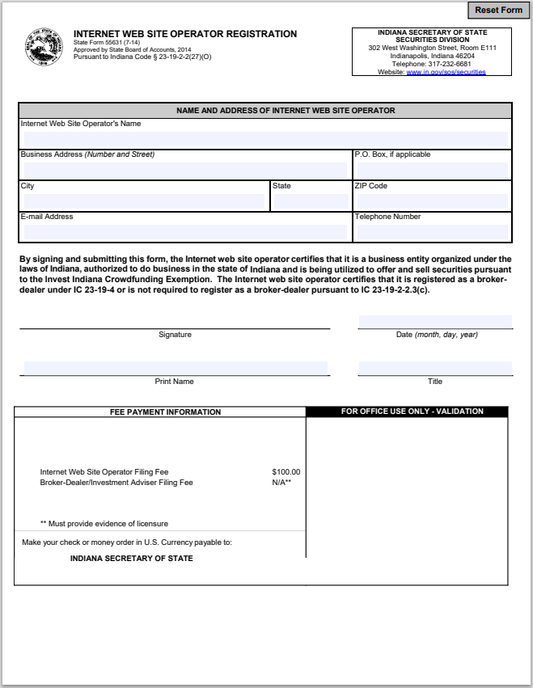 IN- Indiana Internet Website Operator Registration State Form 55631