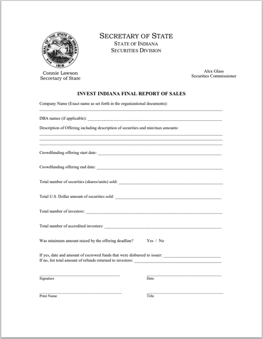 IN- Indiana Invest Final Report of Sales State Form