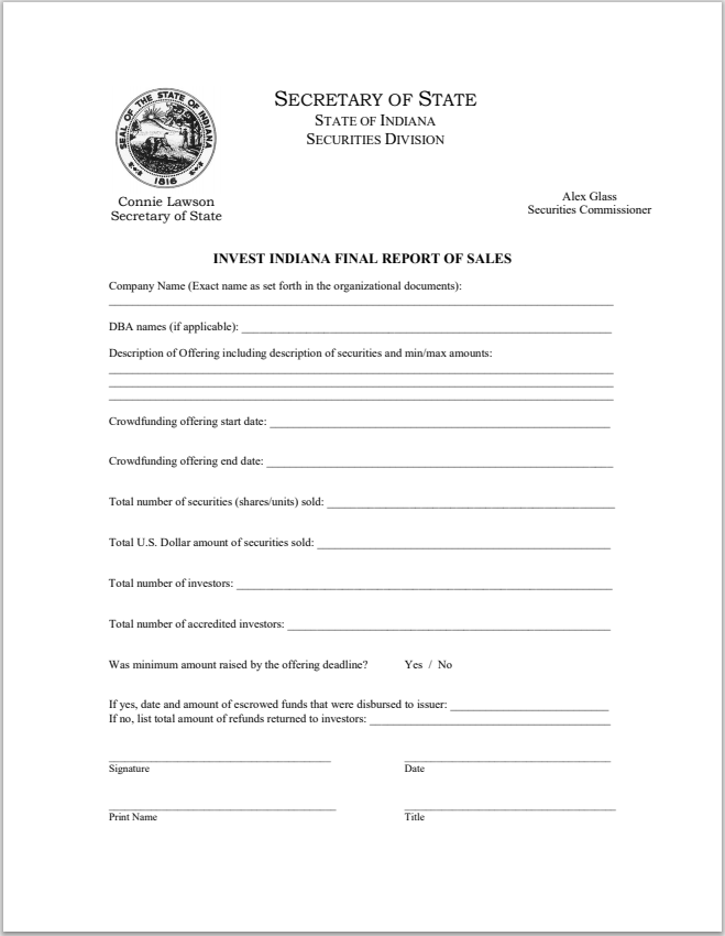 IN- Indiana Invest Final Report of Sales State Form