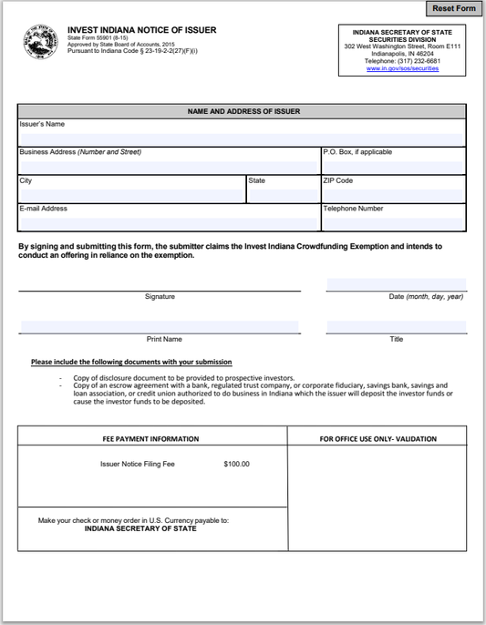 IN- Indiana Invest Notice of Issuer State Form 55901