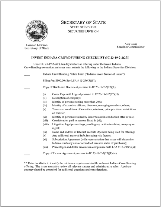 IN- Indiana Invest State Crowdfunding Checklist