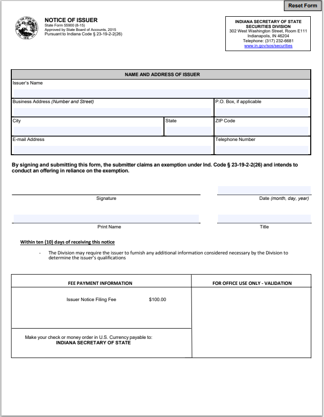 IN- Indiana Notice of the Issuer State Form 55900