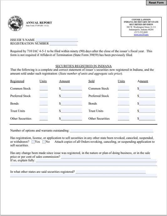 IN- Indiana Registered Securities Annual Report State Form 37149