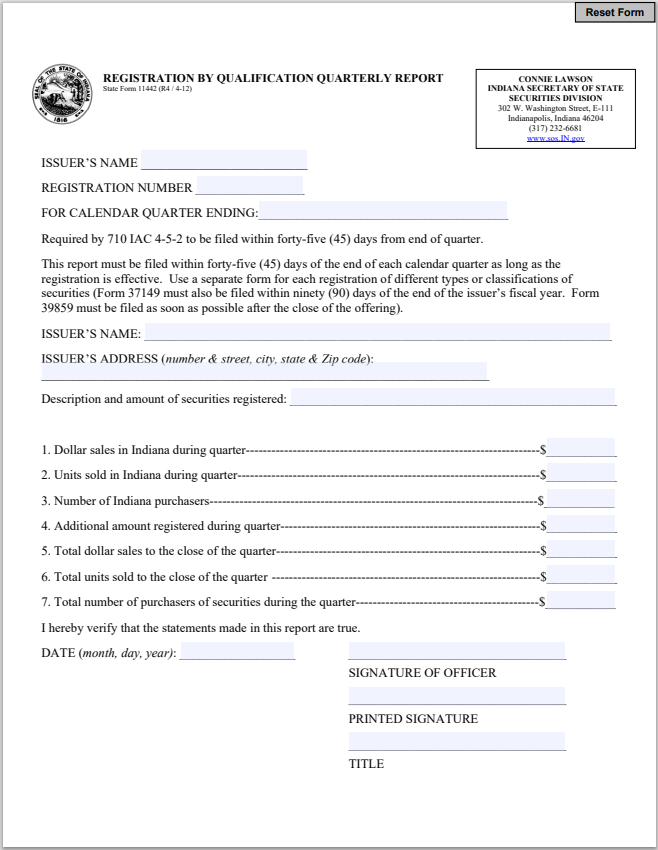 IN- Indiana Registration by Qualification Quarterly Report State Form 11442