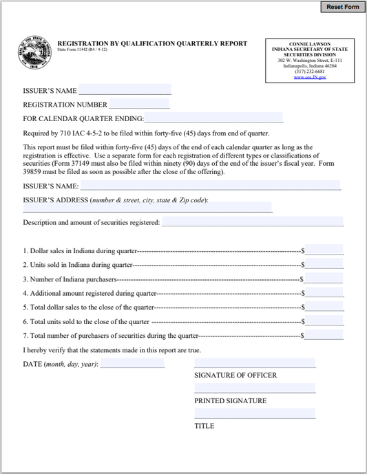 IN- Indiana Registration by Qualification Quarterly Report State Form 11442