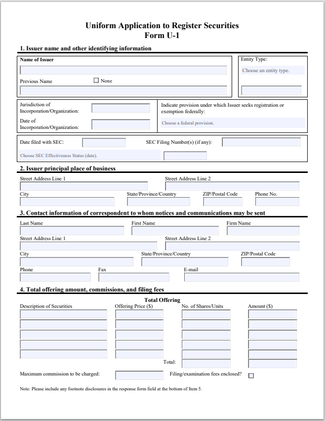 Indiana Uniform Application to Register Securities Form U-1 – Connexien