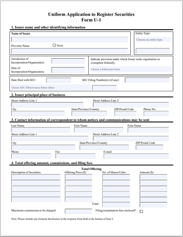 IN- Indiana Uniform Application to Register Securities Form U-1