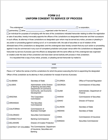 IN- Indiana Uniform Consent to Service of Process Form U-2