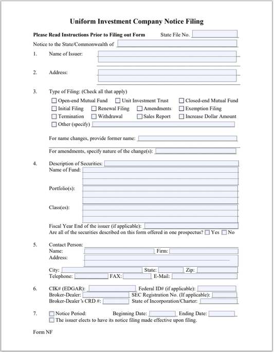 IN- Indiana Uniform Investment Company Notice Filing Form-NF