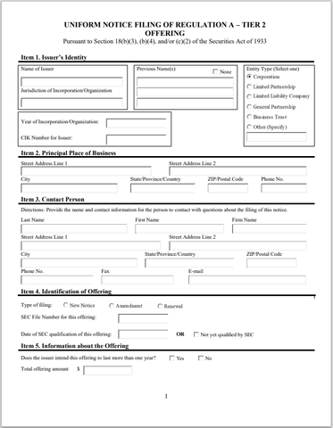 IN- Indiana Uniform Notice Filing of Regulation A – Tier 2 Offering Form