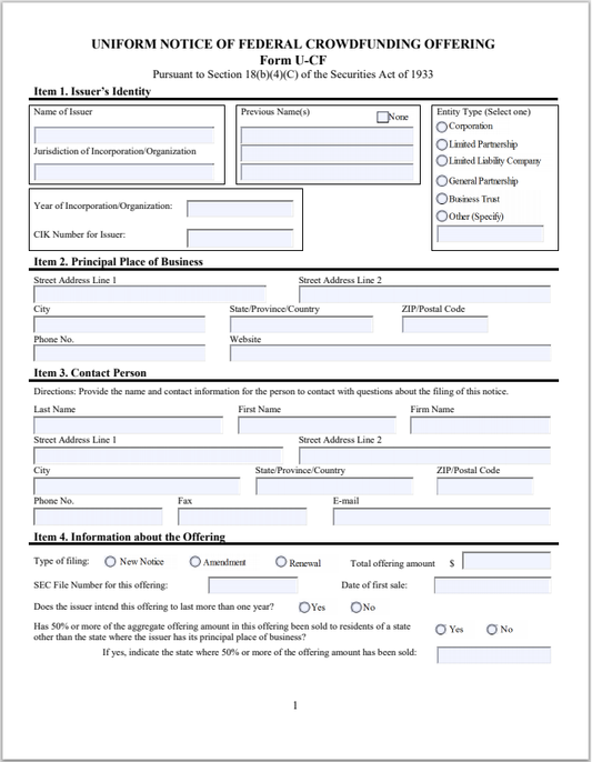 IN- Indiana Uniform Notice of Federal Crowdfunding Offering Form U-CF