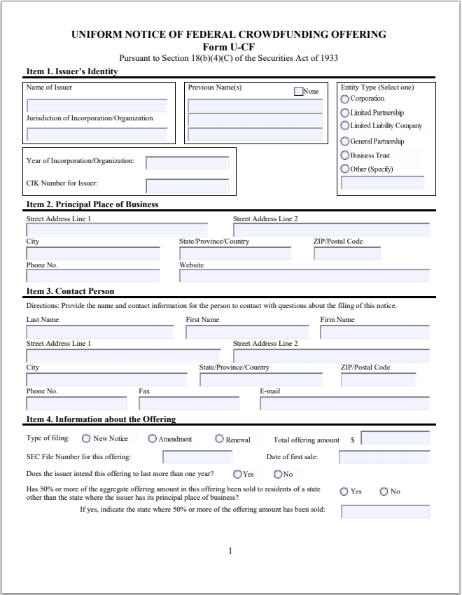 IN- Indiana Uniform Notice of Federal Crowdfunding Offering Form U-CF