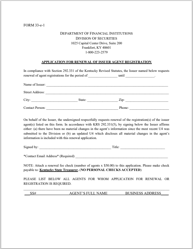 Kentucky Raa Form Kentucky Application for Renewal of Issuer Agent Registration Form 33-e ...