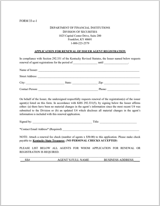 KY- Kentucky Application for Renewal of Issuer Agent Registration Form 33-e-1