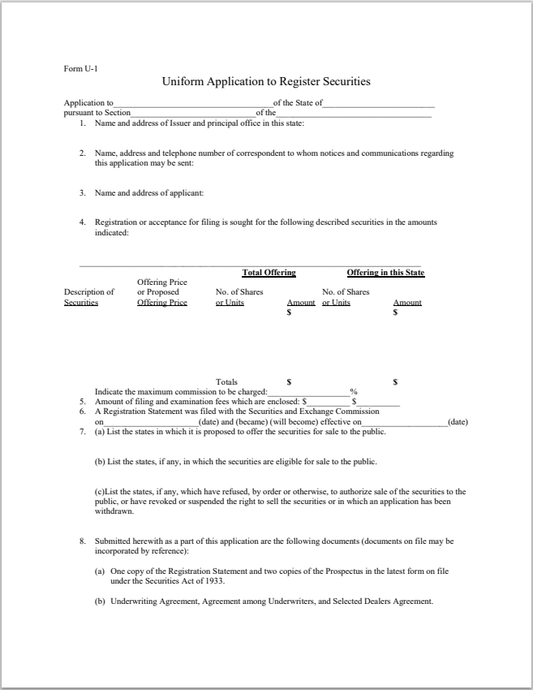 KY- Kentucky Uniform Application to Register Securities Form U-1