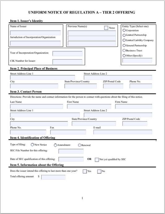 LA- Louisiana Uniform Notice Filing of Regulation A – Tier 2 Offering Form