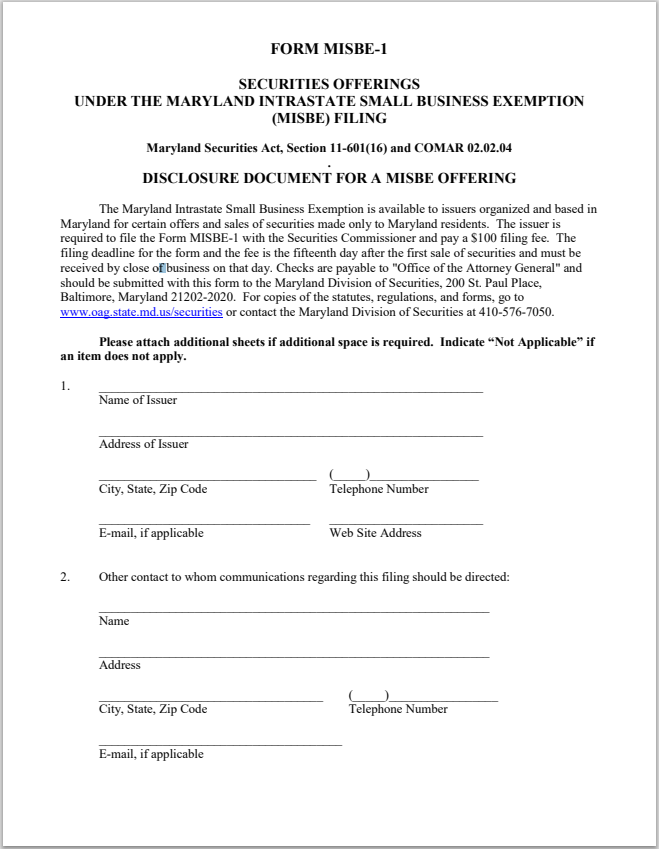 MD- Maryland Intrastate Small Business Exemption Form MISBE-1