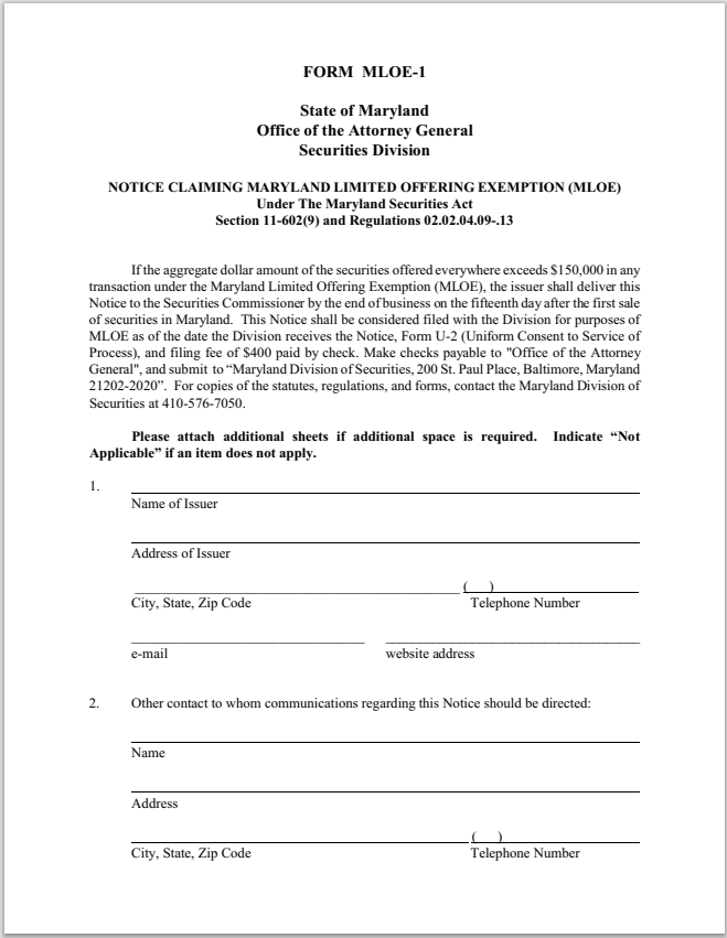 MD- Maryland Notice of Claiming Limited Offering Exemption Form MLOE-1