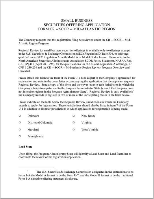 MD- Maryland Small Corporate Offering Registration Mid-Atlantic Region App. Form