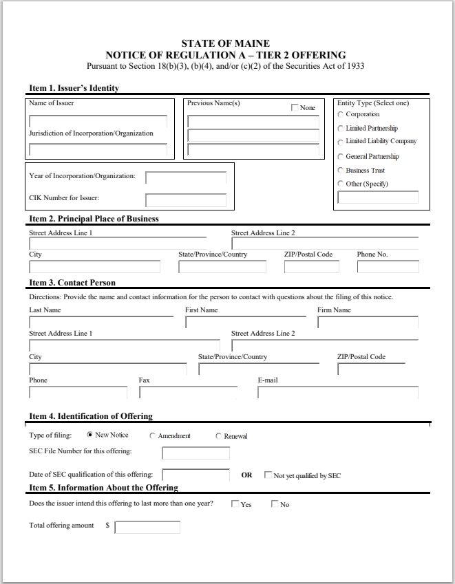 ME- Maine Uniform Notice Filing of Regulation A – Tier 2 Offering Form