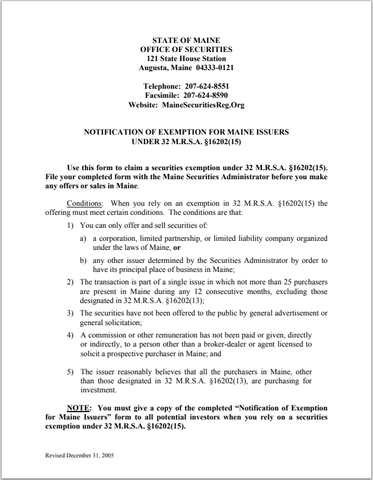 ME- Maine Notification of Exemption for Maine Issuers Form