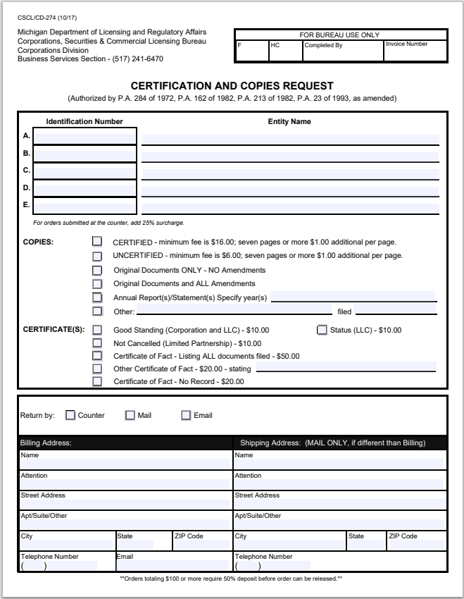 MI- Michigan Certification and Copies Request Form