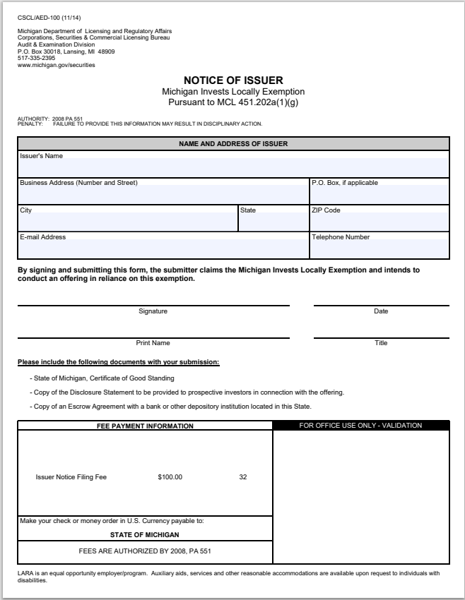 MI- Michigan Invests Locally Intrastate Crowdfunding Exemption Form