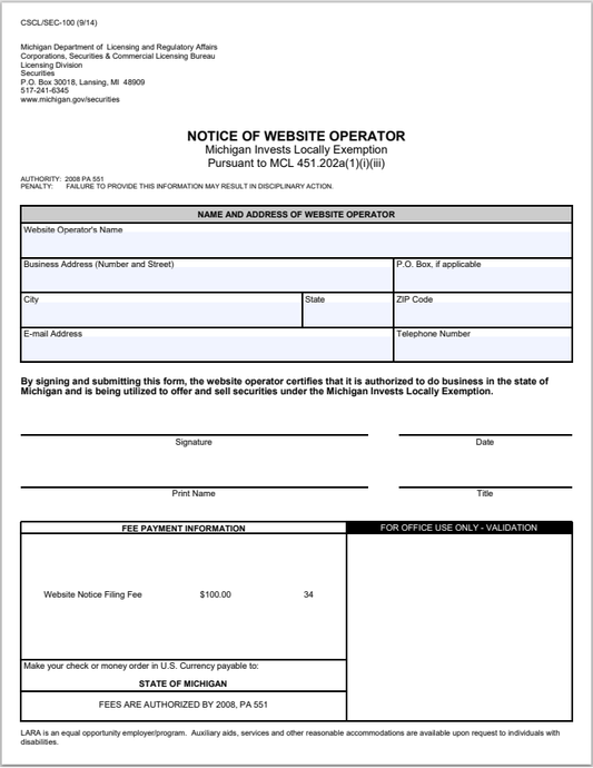 MI- Michigan Invests Locally Notice of Website Operator Crowdfunding Exemption Form