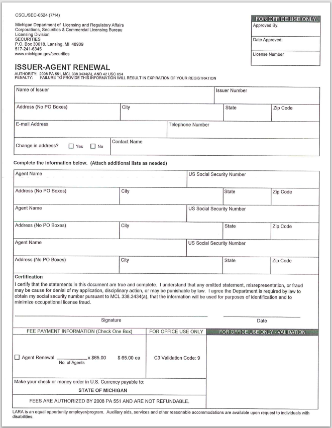 MI- Michigan Issuer-Agent Registration Renewal Form