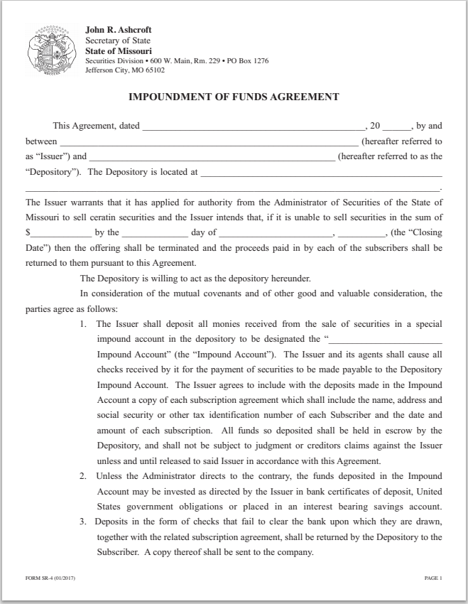 MO- Missouri Impoundment of Funds Agreement Form SR-4