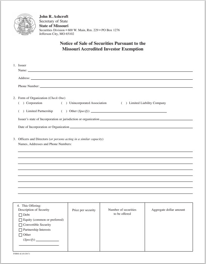 MO- Missouri Notice of Sale of Securities to Accredited Investor Exemption Form-AI