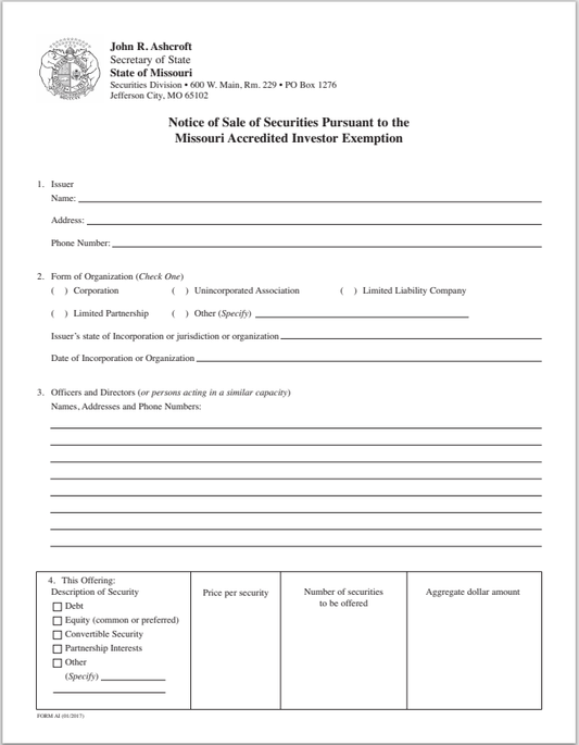 MO- Missouri Notice of Sale of Securities to Accredited Investor Exemption Form-AI