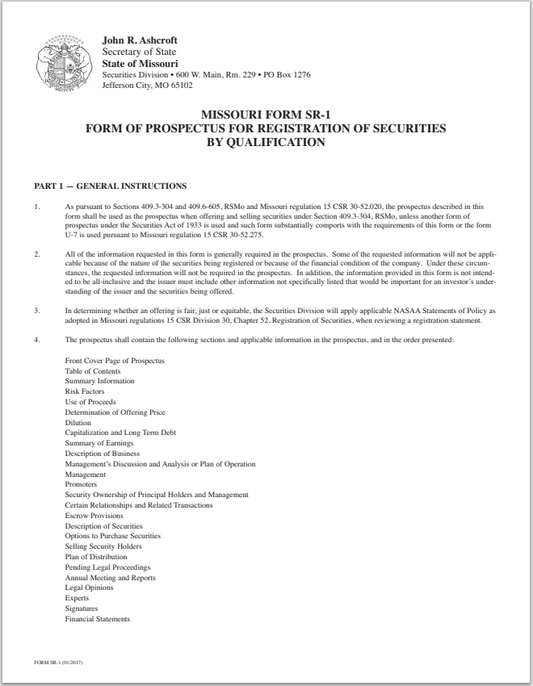 MO- Missouri Prospectus for Registration of Securities by Qualification Form SR-1