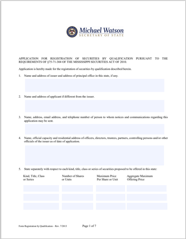 MS- Mississippi Application for Registration of Securities by Qualification Form