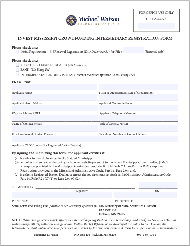 MS- Mississippi Invest Crowdfunding Intermediary Registration Form