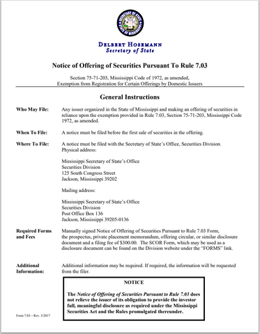 MS- Mississippi Notice of Offering of Securities Pursuant to Rule 7.03 Form