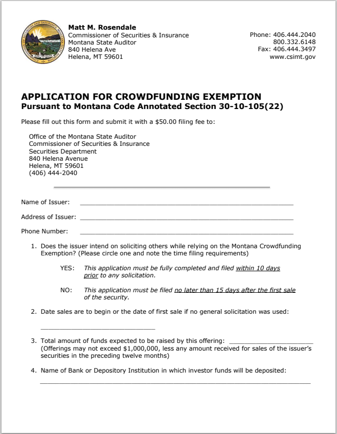 MT- Montana Application for Crowdfunding Exemption Form