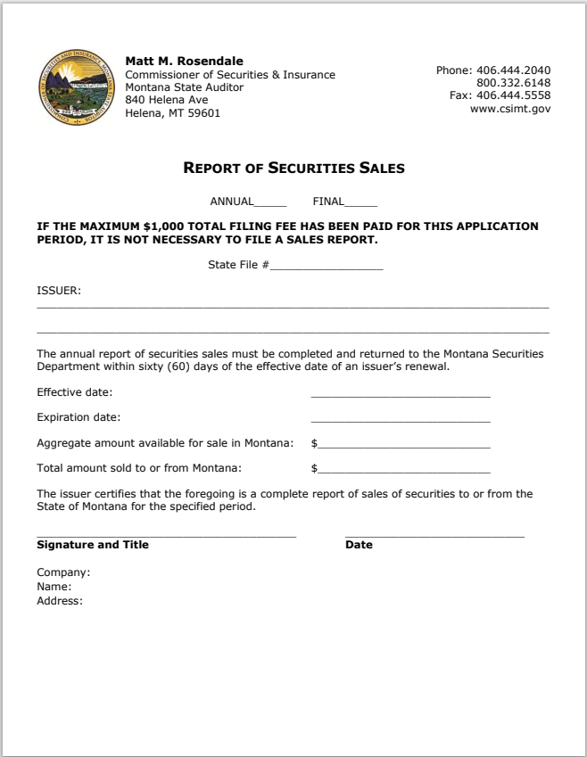 MT- Montana Report of Annual Securities Sales Form