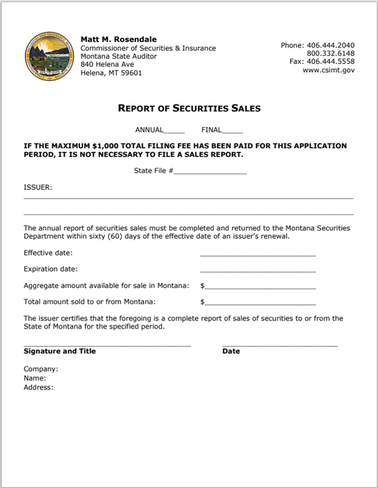 MT- Montana Report of Annual Securities Sales Form