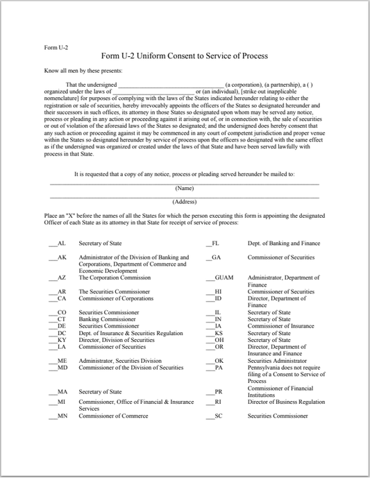 MT- Montana Uniform Consent to Service of Process Form U-2