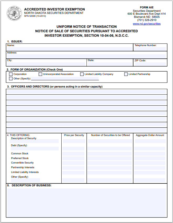 ND- North Dakota Accredited Investor Exemption Form-AIE