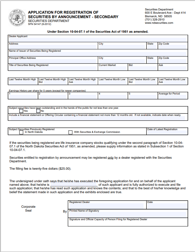 ND- North Dakota Application for Registration of Securities by Announcement – Secondary