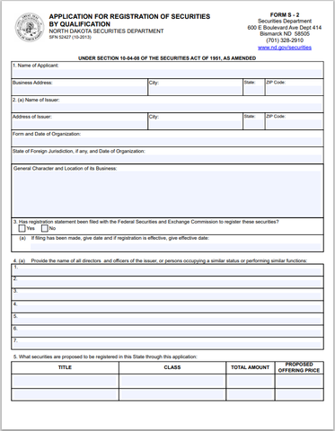 ND- North Dakota Application for Registration of Securities by Qualification Form S-2