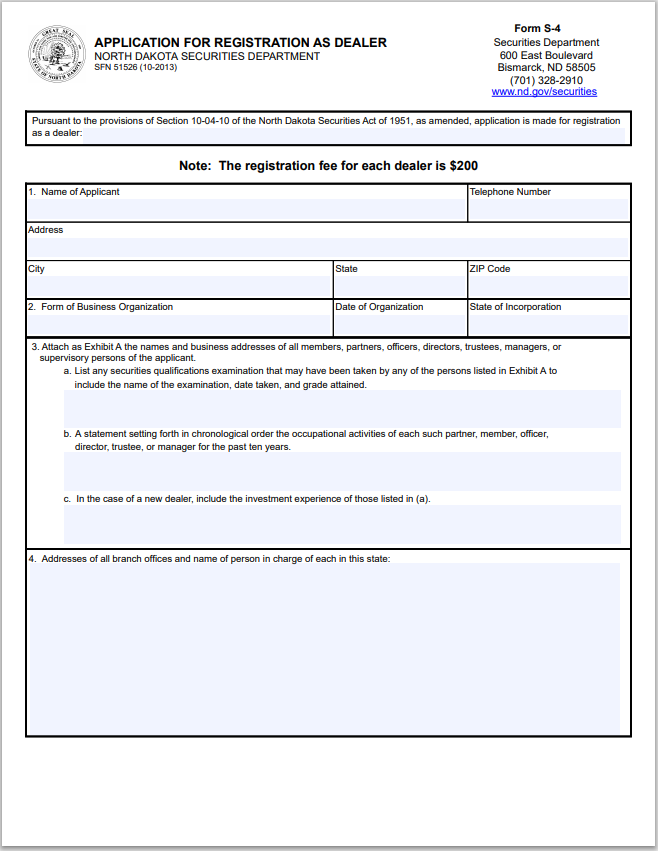 ND- North Dakota Dealer Registration Application Form S-4