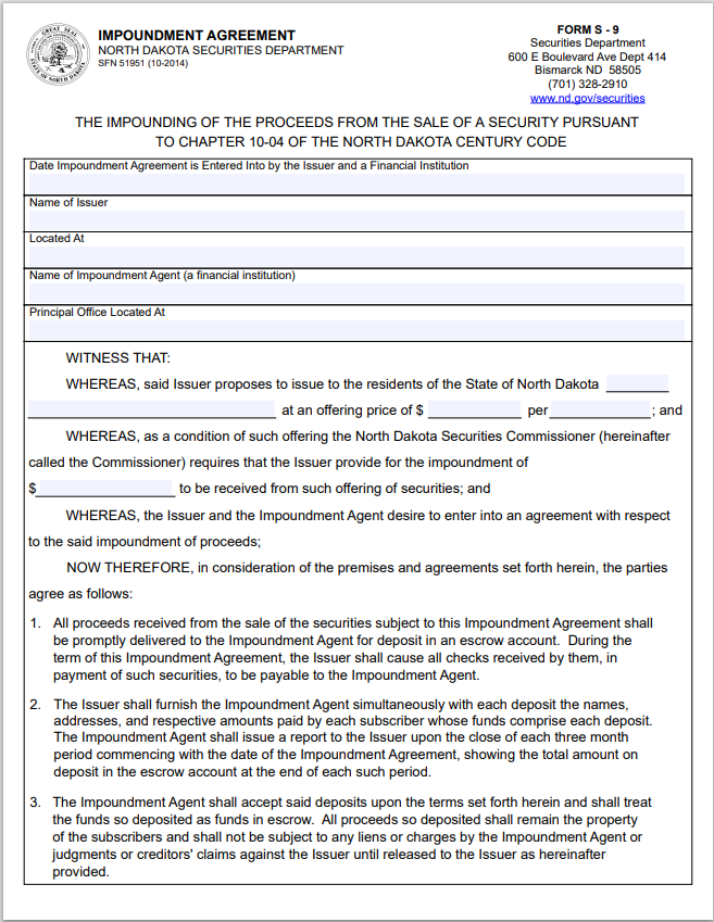 ND- North Dakota Impoundment of Funds Agreement Form S-9