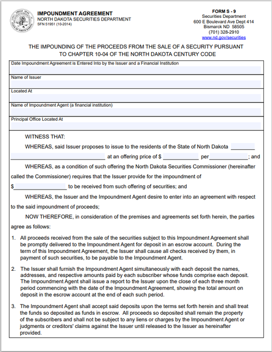 ND- North Dakota Impoundment of Funds Agreement Form S-9