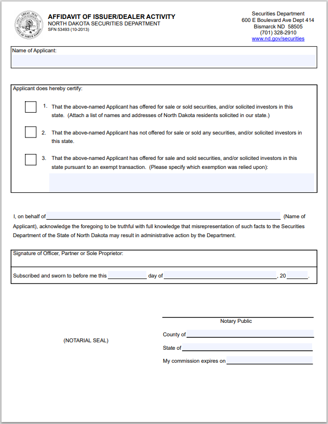 ND- North Dakota Issuer-Dealer Affidavit of Activity Form