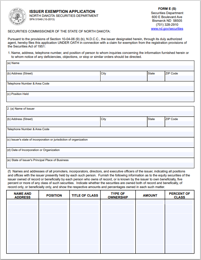 ND- North Dakota Issuer Exemption Application Form-E(S)