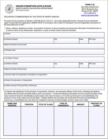 ND- North Dakota Issuer Exemption Application Form-E(S)
