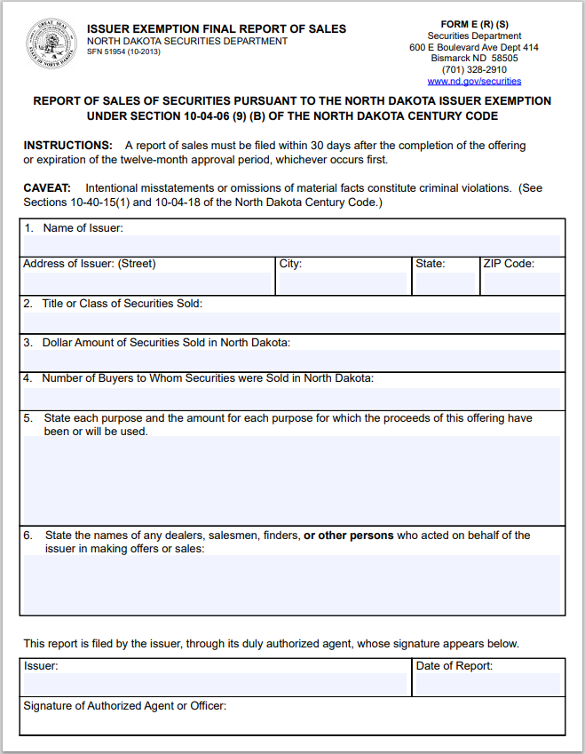 ND- North Dakota Issuer Exemption Final Report of Sales Form-(E)(R)(S)